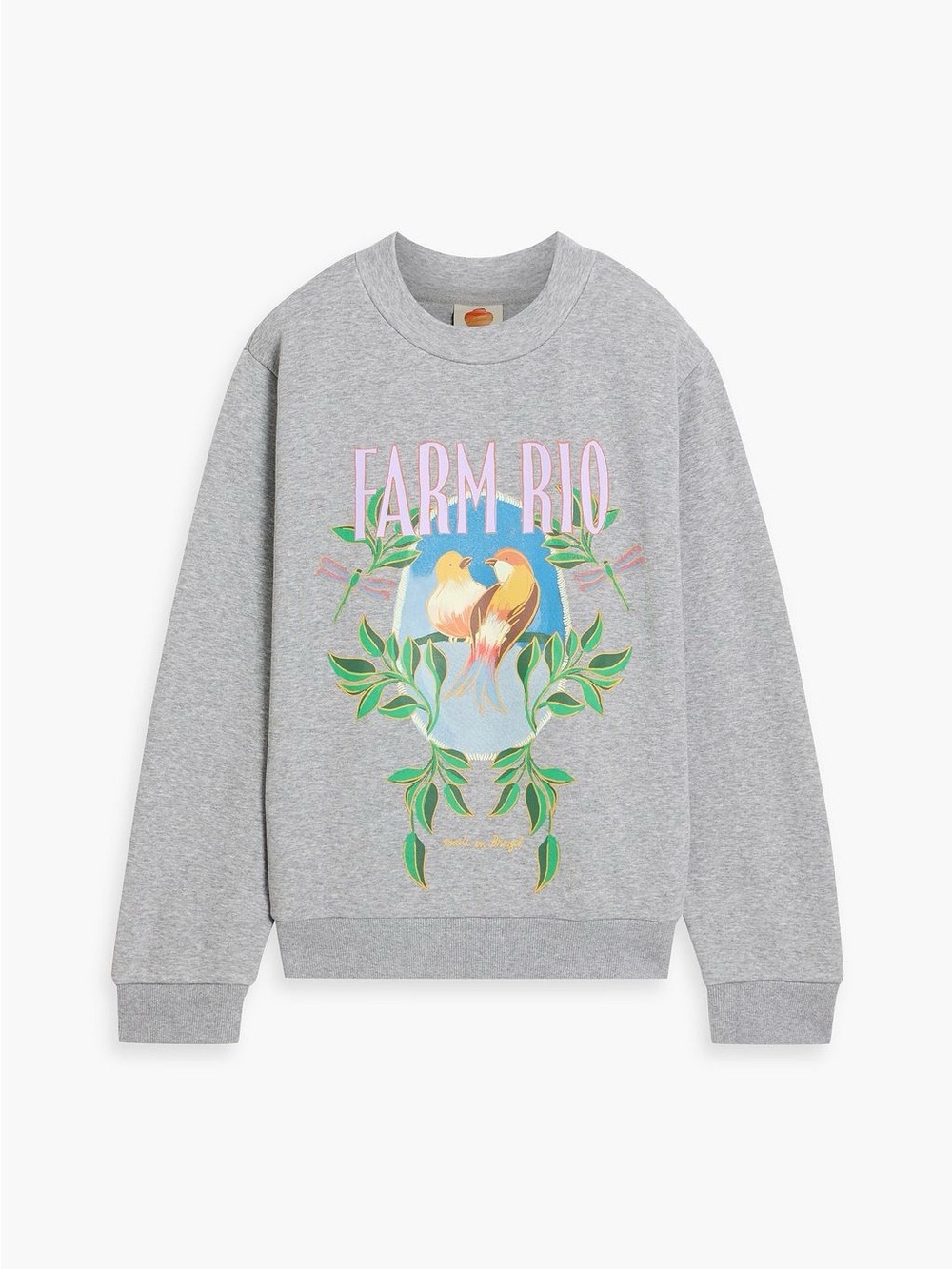 FARM Rio Grey Sweatshirt with Pastel Pink Logo and Green Leaf Accents